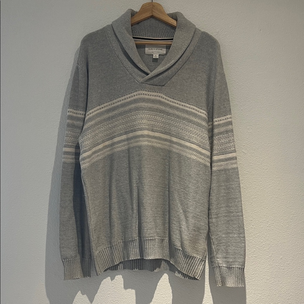 Sun + Stone V-Neck Sweater in Gray with Stripes